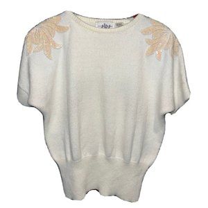 Justin B. Jones Vintage Ivory Sequin Flower Appliqué Pullover Sweater Size Small